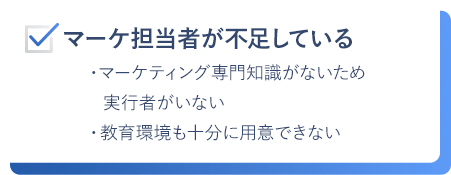 マーケ担当者が不足している。マーケティングの専門知識がないため実行者がいない。教育環境も十分に用意できない。